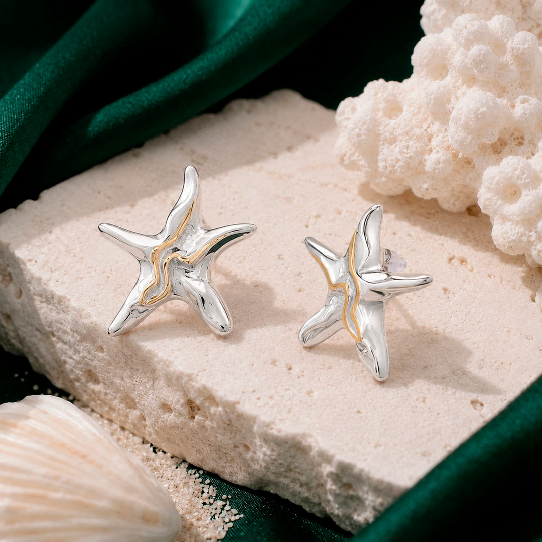 Dual Tone Star Stud Earrings