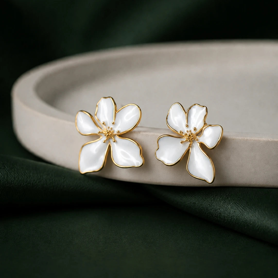 White Enamel Floral Stud Earrings